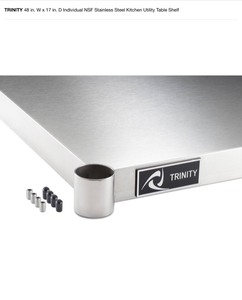Econoco 48 in. W x 13 in. D White Open-Bottom Bullnose Shelf (Pack of 4) & TRINITY 48 in. W x 17 in. D Individual NSF Stainless Steel Kitchen Utility Table Shelf. See Pictures