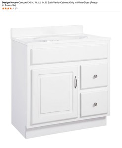 Design House Concord 30 in. W x 21 in. D Bath Vanity Cabinet Only in White Gloss (Ready to Assemble). See Pictures