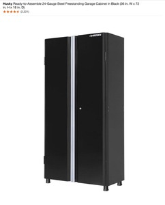 Husky Ready-to-Assemble Steel Storage Bench in Black (48 in. W x 20 in. H x 18 in. D) & 24-Gauge Steel Freestanding Garage Cabinet in Black (36 in. W x 72 in. H x 18 in. D). See Pictures