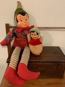 lot 80A image: Adorable Vintage Elf Doll, Gund Roly Poly Pinocchio & Vintage Elite Tool Chest Wooden Box for Boys