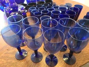 lot 20 image: Cobalt Blue Pitcher and Candle Holders