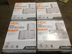 Lot of 4 HDX Resin Freestanding Garage Base Cabinet in Light Grey (30 in. W x 36 in. H x 19 in. D) Customer Returns See Pictures