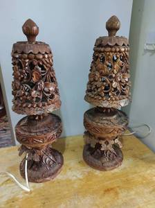 lot 2 image: Pair of Hand Carved Wood Lamps with Foreign Plug-ins
