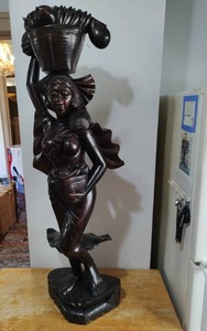 lot 4 image: Large Hand Carved Wood Female Figure with Fruit Basket