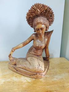lot 5 image: Hand Carved Wood Female Figure in Seated Position.