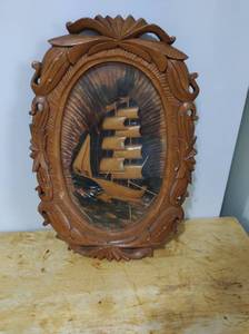 lot 24 image: Hand Carved Wood Ship Wall Art