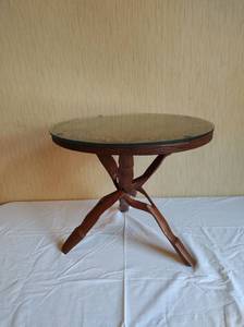 lot 52 image: Hand Carved Wood Table with Glass Top