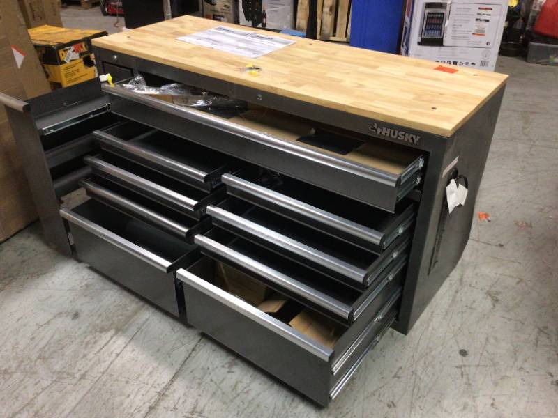 61 in. W 10-Drawer, Deep Tool Chest Mobile Workbench in Metallic Silver with Sliding Vertical Bin Storage Drawer 61 in. W 10-Drawer, Deep Tool Chest Mobile Workbench in Metallic Silver with Sliding Vertical Bin Storage Drawer
