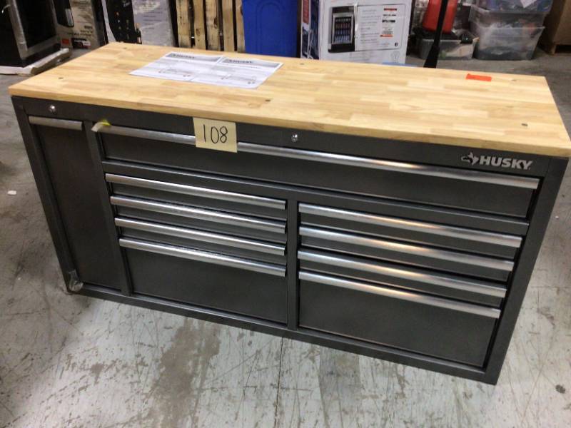 Husky 61 in. W 10-Drawer, Deep Tool Chest Mobile Workbench in Metallic  Silver with Sliding Vertical Bin Storage Drawer Dented on back Corner See  Pictures