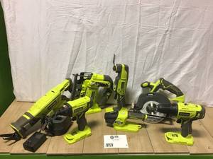 lot 9 image: RYOBI ONE 18V Cordless 6-Tool Combo Kit with (2) Batteries, Charger, Bag with Orbital Jig Saw Customer Returns See Pictures