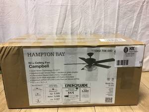 lot 75 image: Campbell 52 in. Indoor LED Mediterranean Bronze Ceiling Fan with Light Kit, Downrod, Reversible Blades and Remote by Hampton Bay Customer Returns See Pictures