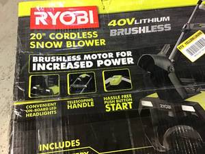 lot 94 image: RYOBI 40V HP Brushless 18 in. Single-Stage Cordless Electric Snow Blower includes 1 battery and charger  Customer Returns See Pictures