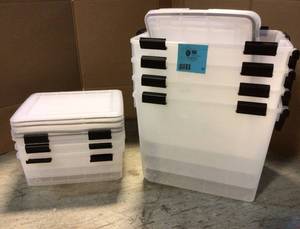 lot 97 image: 28 Qt. Gasket Storage Tote, with Latching Buckles, in Clear, (4 Pack) Customer Returns See Pictures