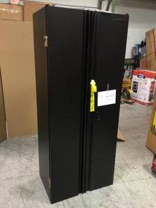 lot 114 image: 3-Piece Regular Duty Welded Steel Garage Storage System in Black (54 in. W x 75 in. H x 19 in. D) by Husky Customer Returns See Pictures have small damage on the top