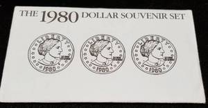 US SUSAN B ANTHONY DOLLAR 3 COIN SET 1980 IN ORIGINAL PACKAGING