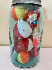 lot 9 image: Vintage Blue Ball Jar Filled with Vintage Bobbers