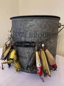 lot 189 image: Vintage Meadow Brook Minnow Bucket Adorned with Vintage Lures