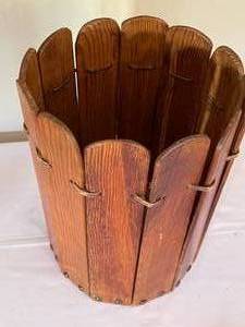 lot 196 image: Retro Wooden Waste Basket with Leather Straps
