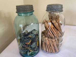 lot 243 image: Vintage Ball Jars With Buttons, Cloths Pins, Bottle Caps and Measuring Sticks