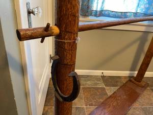 lot 300 image: Vintage Folk Art Quilt Rack With Horseshoe Accents