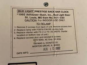 lot 342 image: 1992 Lighted Wall Mount Bud Light Clock With Pull String