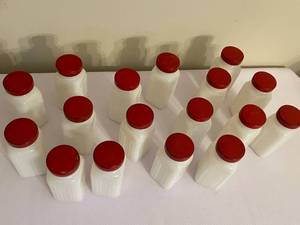 lot 359 image: 17 Vintage Milk Glass Spice Jars w Red Metal Covers