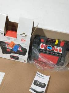 lot 55 image: VECTOR 1200 Peak Amp Portable Car Jump StarterPortable Power Station with 120 PSI Compressor and 500 Watt Power Inverter