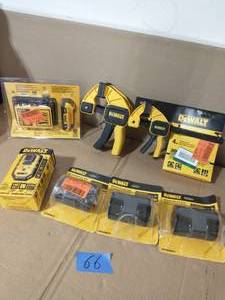 lot 66 image: LOT OF DEWALT TOOLS 20V BATTERY AND CHARGER, FILTERS AND CLAMPS