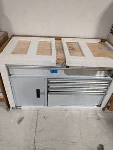 lot 71 image: HUSKY 52 in. W 5-Drawer 1-Door, Deep Tool Chest Mobile Workbench in Stainless Steel with Hardwood Top SEE PICTURES