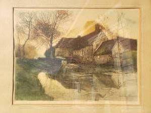 River in Flanders signed Colored Lithograph