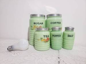 Ribbed Jeannette Glass Canister set and Salt &u Pepper