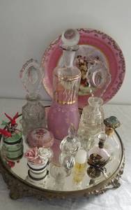 Antique Vanity Mirror Tray with Trinket Boxes & Scent Bottles
