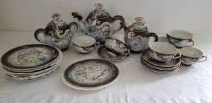 Vintage Dragonware Moriage Geisha Lithophane Porcelain Tea Service