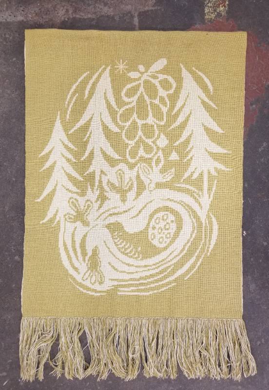 Woven Tapestry of Forest Birds and Berries in Olive and Cream