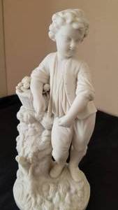 Antique Victorian Parian Bisque Statue  Young Boy with Basket of Fruit