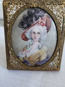 French Handpainted Portrait on Porcelain in Ornate Frame