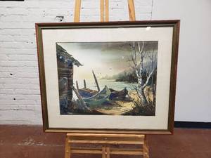 Original Watercolor Framed by Gordwell  Boats by the Old Cabin