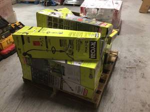 Pallet with assorted Ryobi Outdoor Tools Various types models and conditions see pictures
