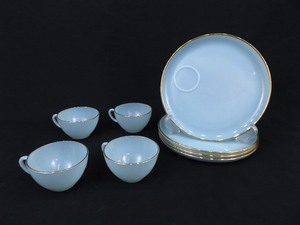 lot 61 image: Vintage Fire King 8 Piece 9 Plate Blue Delphite Robins Egg Luncheon Set