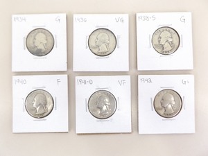 lot 81 image: Lot of 6 US Silver Washington Quarters From the 1930s and 1940s