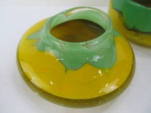 lot 139 image: 2 Larger GreenYellow Hand Blown Signed Art Glass BowlVase