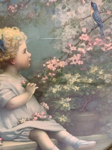 lot 194 image: Framed Vintage 1930s Print - Young Girl wBluebird