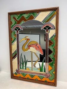 lot 195 image: Signed Vintage Stained Glass Flamingo Wall Mirror by Artglas