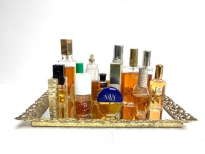 lot 202 image: Lot of Vintage Mostly Full Perfume Bottles & Mirrored Brass Vanity Tray