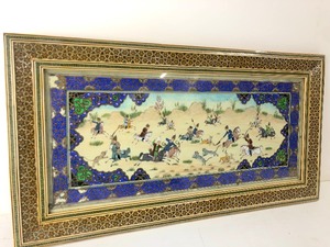 lot 271 image: Framed Antique Middle Eastern Hunting Scene Painting on Bone