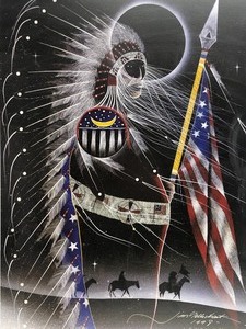 lot 305 image: Framed Signed Numbered Jim Yellowhawk Native American Print - Flag Capture