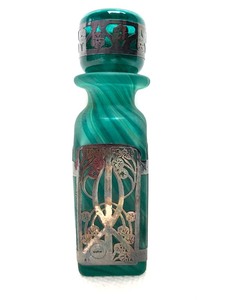 lot 329 image: Handmade Signed Laugharne Emerald Green Glass Perfume Bottle wSterling Silver Overlay