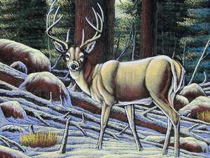 lot 340 image: ORIGINAL ENESTO SANCHEZ PAINTING BUCK IN THE WILD ACRYLIC ON BLACK VELVET