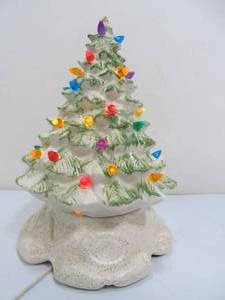 lot 343 image: Vintage Ceramic 12 Lighted Christmas Tree Snowy White Covered With Green Tips Speckled Scroll Base