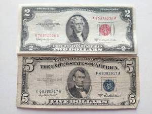 1953 Two Dollar Bill And Five Dollar Silver Certificate